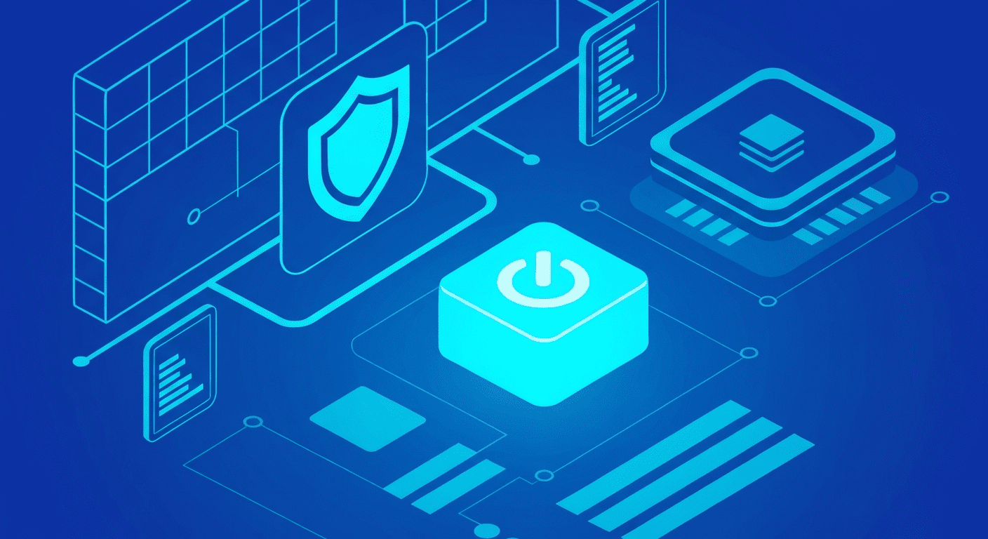 auto connect VPN on startup — isometric power button with shield and tech icons on blue background