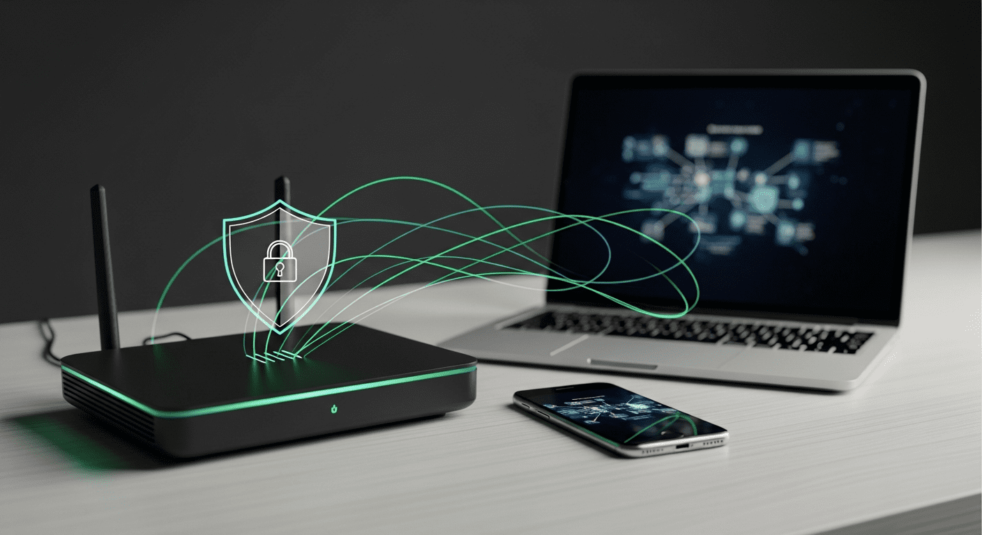 Secure WiFi router with shield and lock icon showing WPA2 WPA3 encryption protection for devices