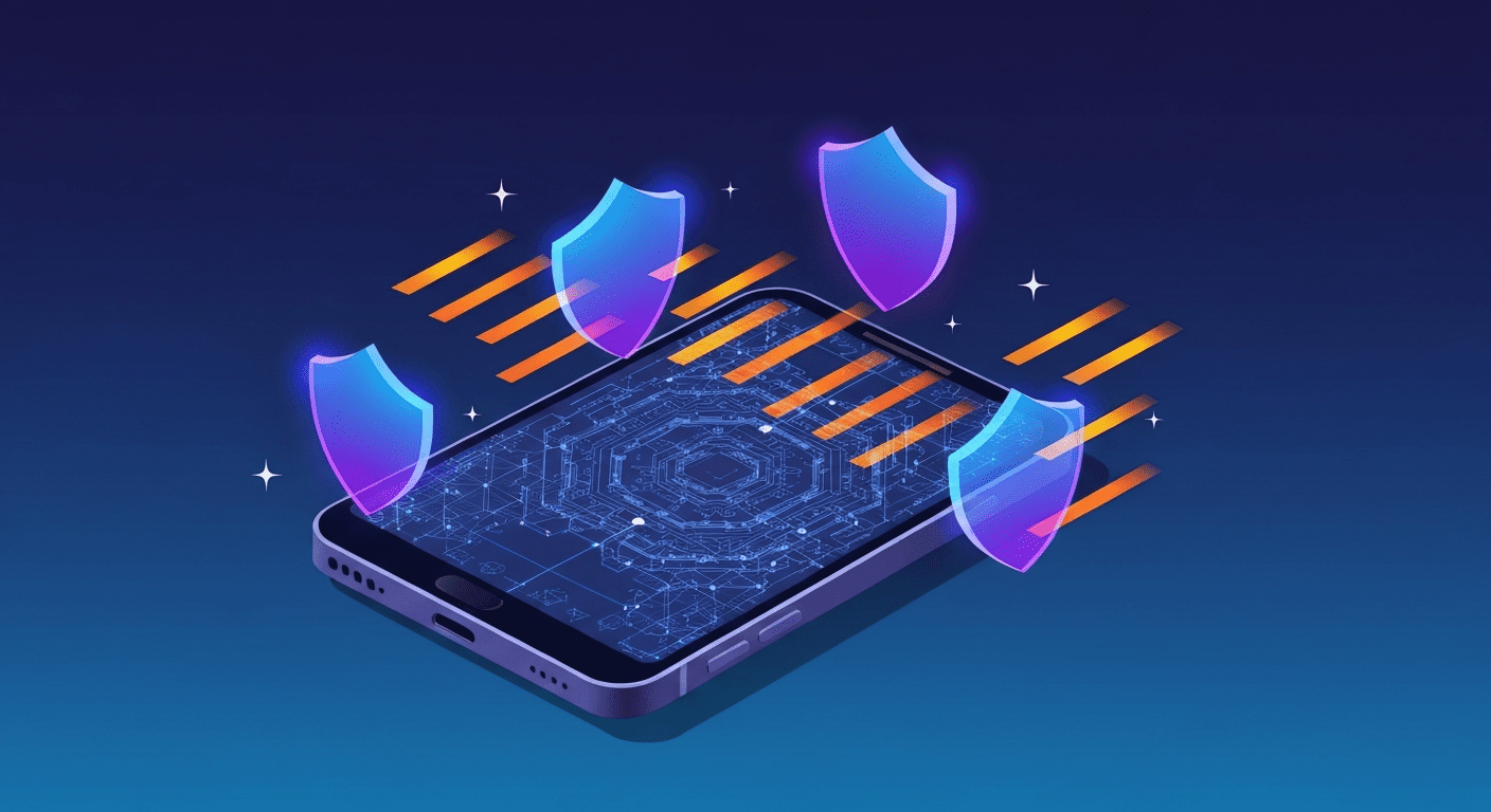 VPN keeps disconnecting on iPhone — isometric smartphone with glowing shields deflecting orange attack streams on blue b